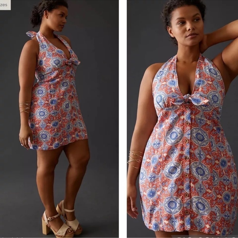 ANTHROPOLOGIE MAEVE Halter Slim Mini Dress Linen-Blend in Multi Printed Sz 3X